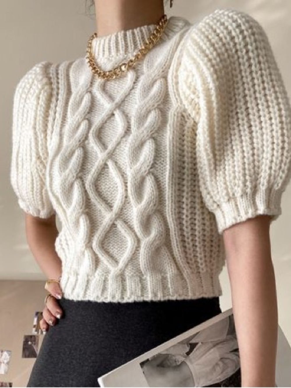 Zara Cable Knit Puff Sleeve Sweater - Cream